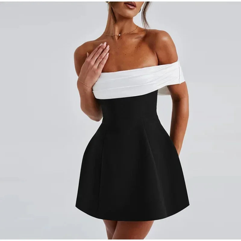 2024 Back Big Bow Decoration Mini Dress Fashion Off Shoulder High Waist Sleeveless Backless Dresses Autumnm New Party Gowns.