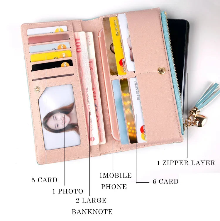 Women's Long Wallet,Multi Card slots Handheld Clutches,Tassel Zipper Clutch Purse,Slim Large Capacity Leather Mobile Phone Bag.