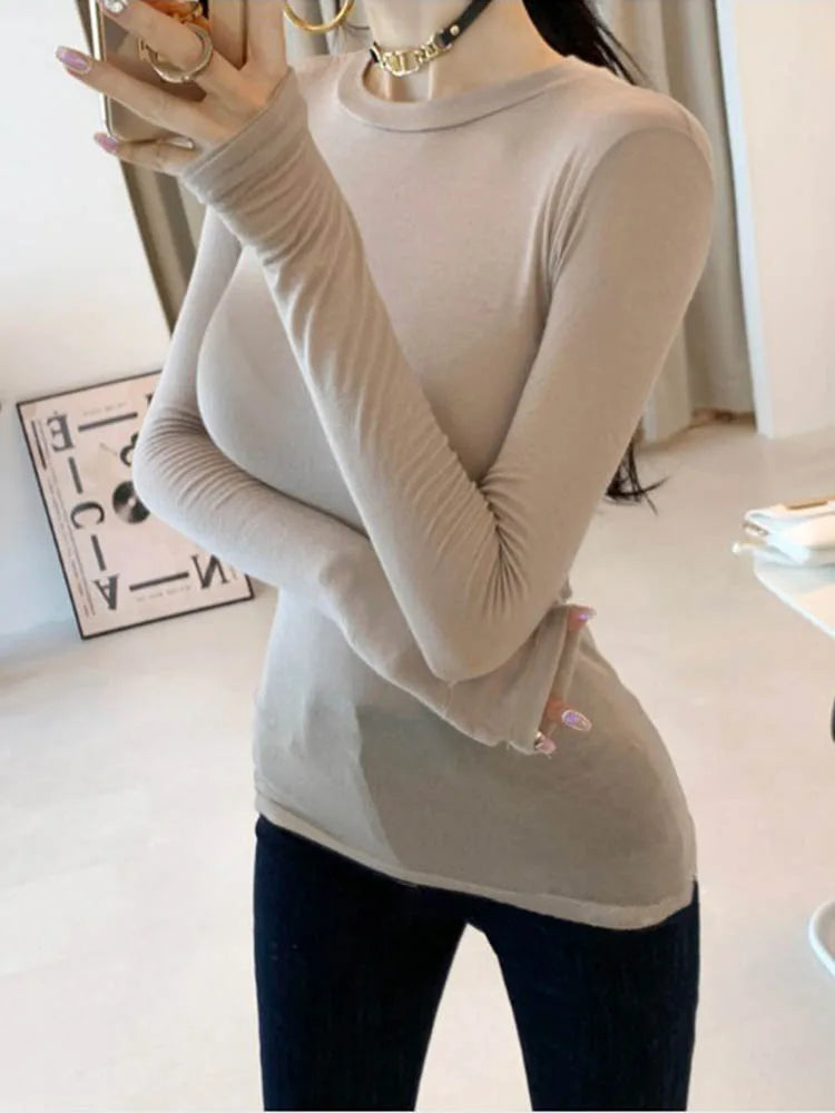 Thin T Shirt Women Cotton Long Sleeve Top T-Shirts Korean Style Slim Elastic Woman Clothes Tee Shirt Spring Camisetas De Mujer - Elevate Your Body