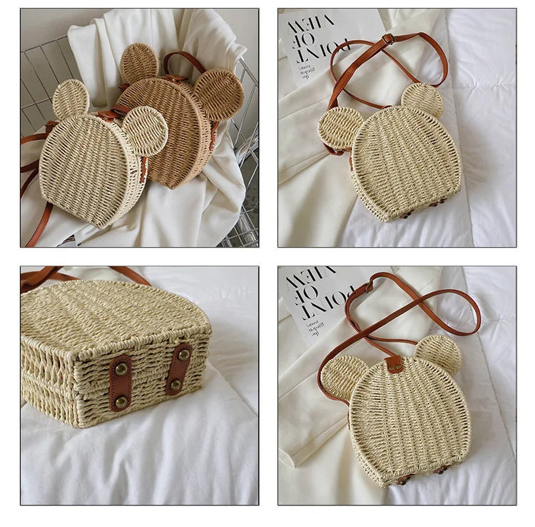 Disney 2023New Ladies Designer Straw Fancy Bag Cute Handbag Rattan Travel Leisure Vacation Small Round Beach Mickey Shoulder Bag.