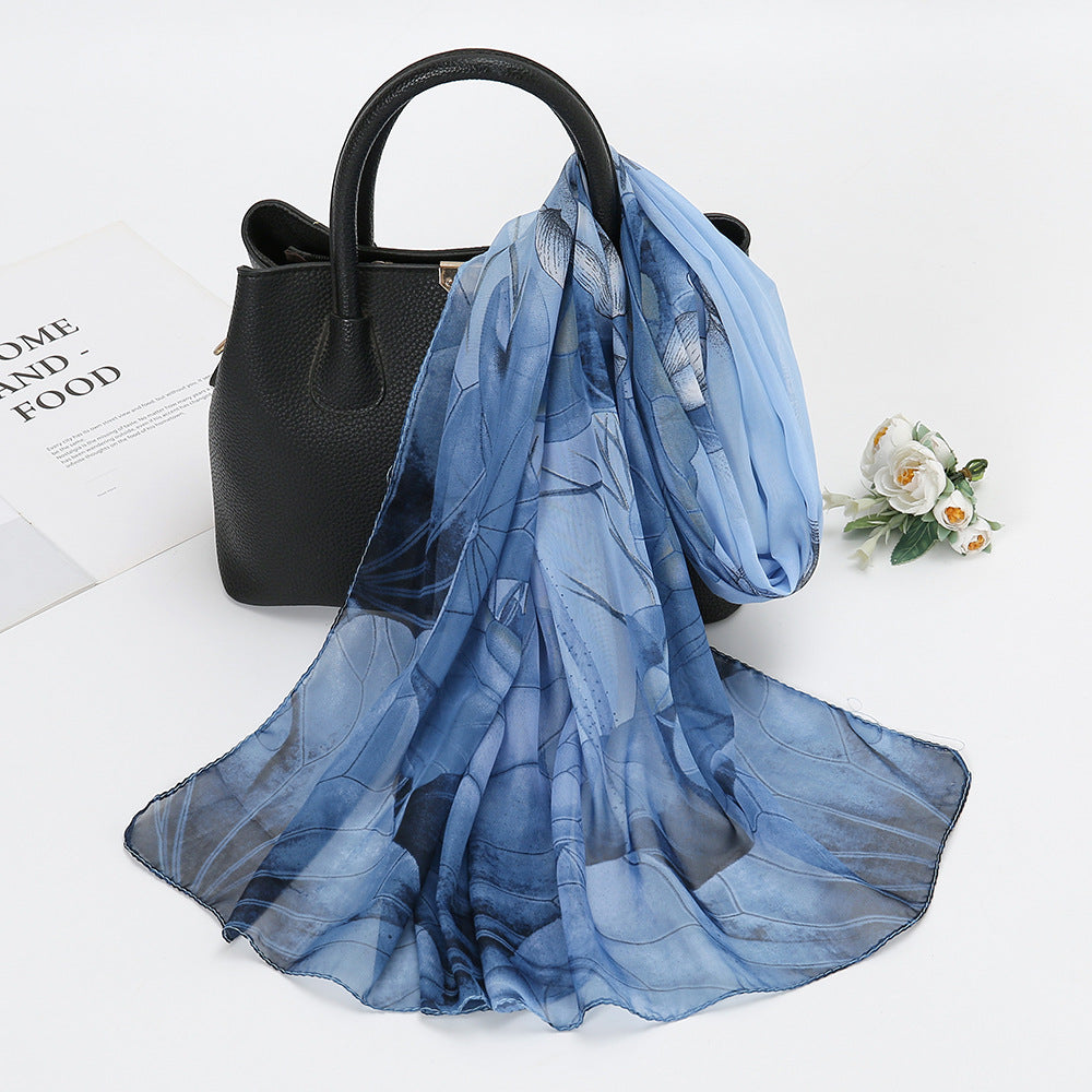 Elegant Lotus Flower Chiffon Scarf for Women - Stylish Sunscreen Accessory for Beach Travel and Holidays.