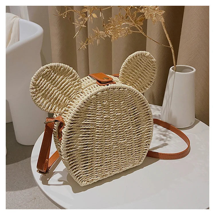 Disney 2023New Ladies Designer Straw Fancy Bag Cute Handbag Rattan Travel Leisure Vacation Small Round Beach Mickey Shoulder Bag - Elevate Your Body