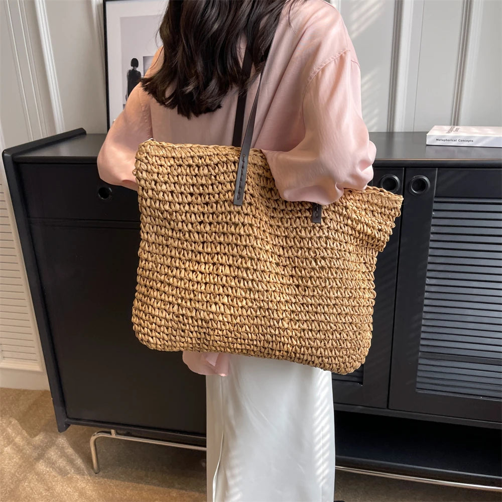 MOODS Luxury Design Straw Woven Tote Bags For Women Large Capacity Shoulder Beach Bag Pure Color Summer New Big Shopping Handbag