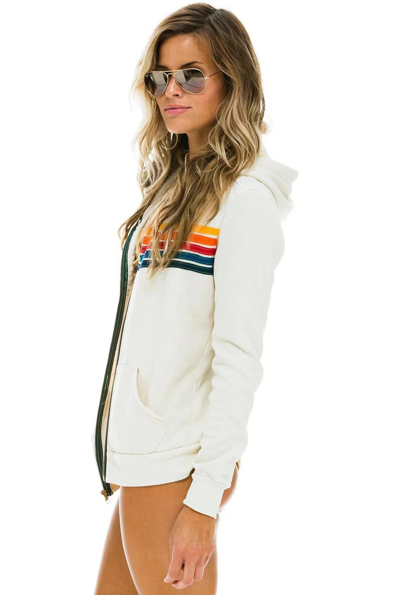 2025 Women Men Zipper Rainbow Long Sleeve Hooded Sweatershirt Harajuku Elastic Hip Hop 5 Stripe Hoodies Jacket - Elevate Your Body