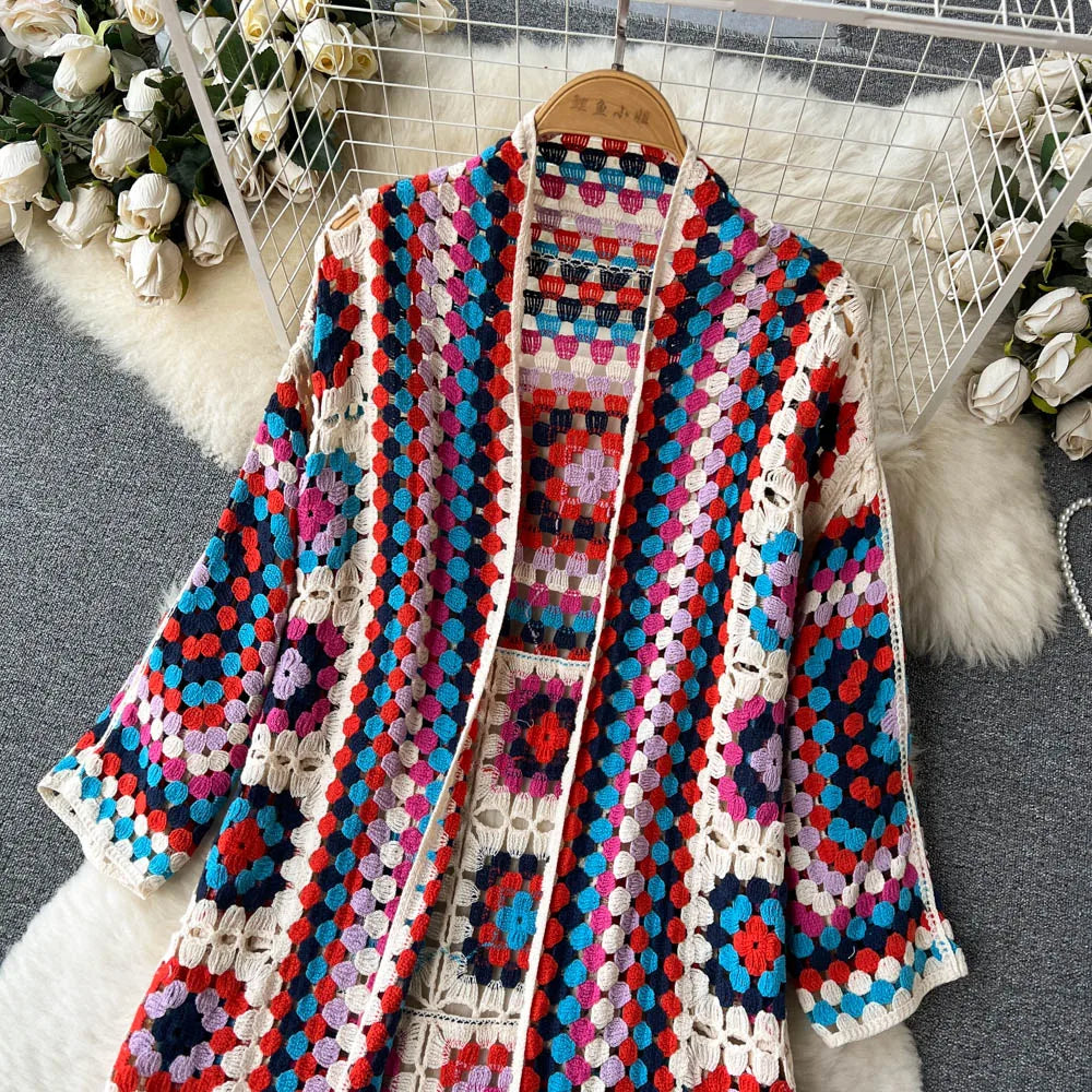 SINGREINY Summer Holiday Beach Long Cardigans Spring Fashion Vintage Floral Knit Cardigan Streetwear Loose Hollow Out Overcoat.