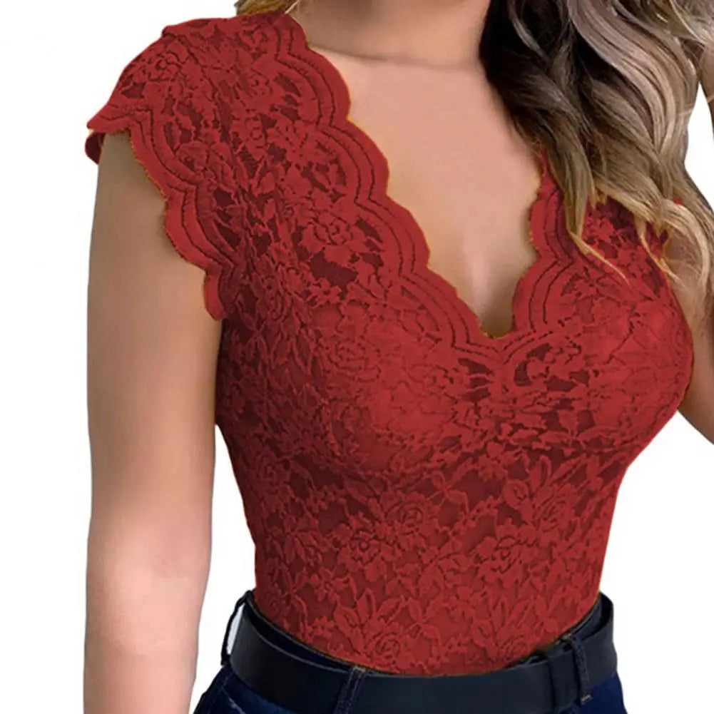 Sexy Deep V Neck Sleeveless Lace Blouse Shirts Summer Fashion Women Lace Patchwork Pullover Tops.