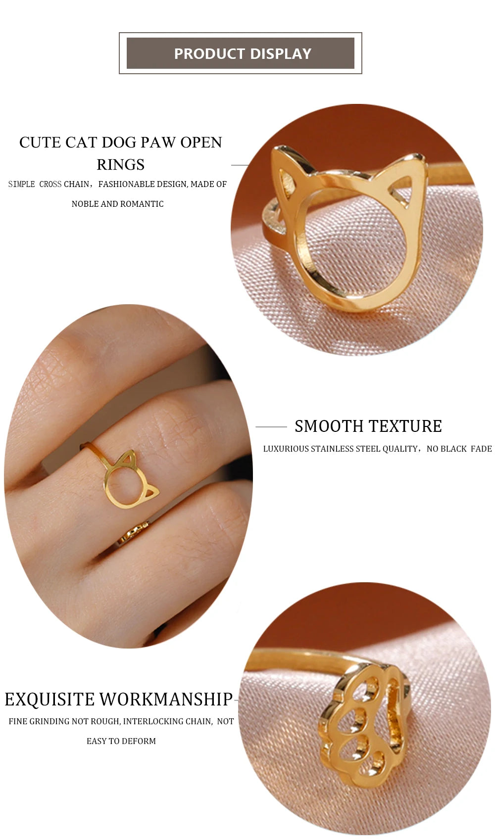 Lucktune Stainless Steel Adjustable Ring Minimalist Cat Paw Snake Cute Animal Ring for Women Fashion Kpop Jewelry Gift Wholesale.