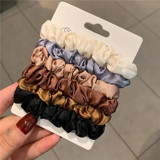 6-Pack Stylish Silk-Like Hair Scrunchies for Women - Solid Color Elastic Ponytail Holders and Accessories.