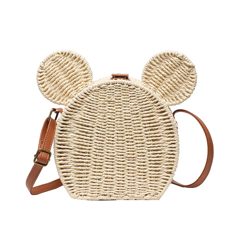 Disney 2023New Ladies Designer Straw Fancy Bag Cute Handbag Rattan Travel Leisure Vacation Small Round Beach Mickey Shoulder Bag.