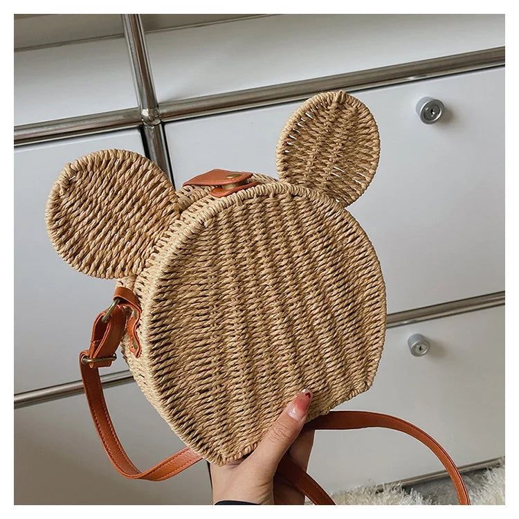 Disney 2023New Ladies Designer Straw Fancy Bag Cute Handbag Rattan Travel Leisure Vacation Small Round Beach Mickey Shoulder Bag - Elevate Your Body