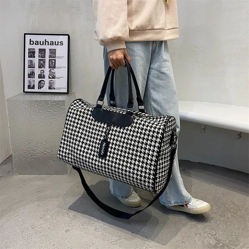 Large Houndstooth Women's Travel Bag Organizer Sports Gym Bag Weekend Duffle Handbag Shoulder Crossbody Bags Packing Cubes Totes.