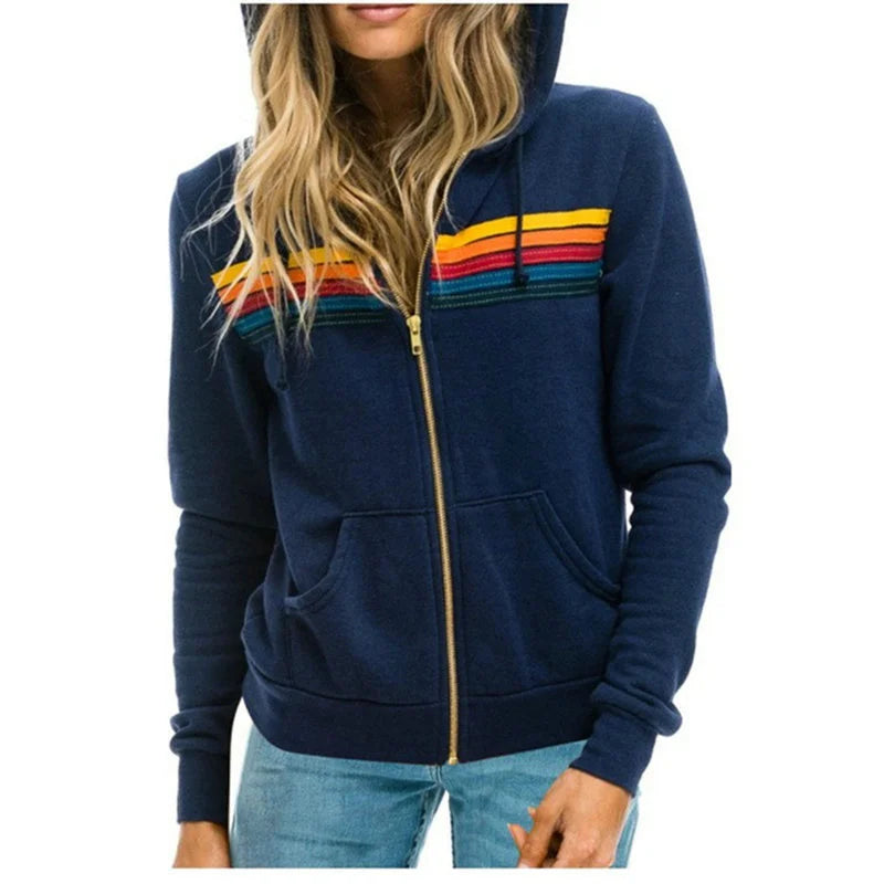 2025 Women Men Zipper Rainbow Long Sleeve Hooded Sweatershirt Harajuku Elastic Hip Hop 5 Stripe Hoodies Jacket.