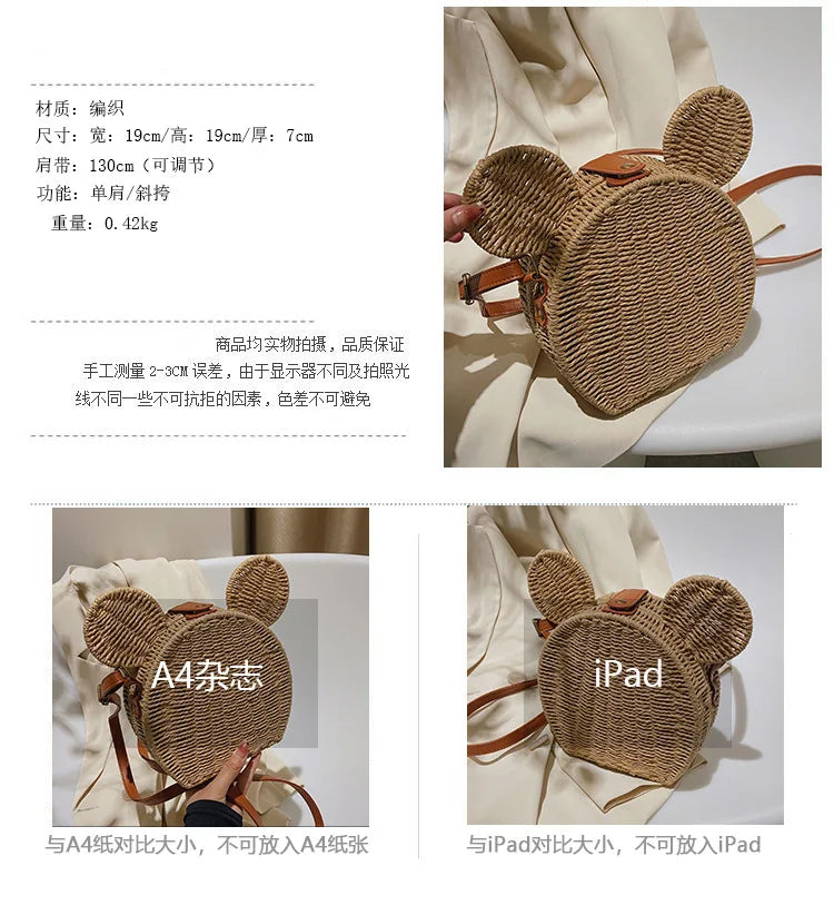 Disney 2023New Ladies Designer Straw Fancy Bag Cute Handbag Rattan Travel Leisure Vacation Small Round Beach Mickey Shoulder Bag.