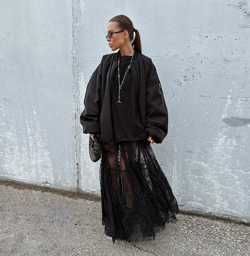 Sexy Lace Dark Perspective High Waist Skirt European Summer Fashion Mesh Long Skirt Fashion Streetwear Loose Oversize Skirt.