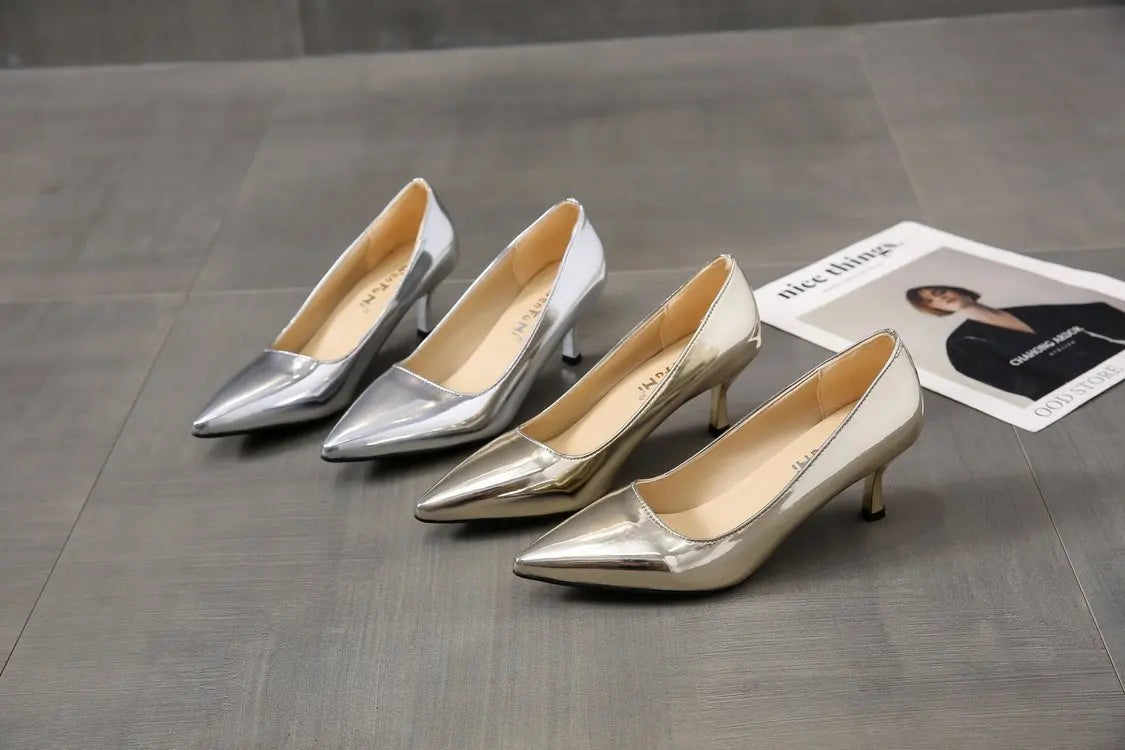 2024 Fashion Women Patent Leather High Heels Lady Pointe Toe Gold Silver Heels Pumps Female Wedding Bridal Shoes Plus Size 35-45.