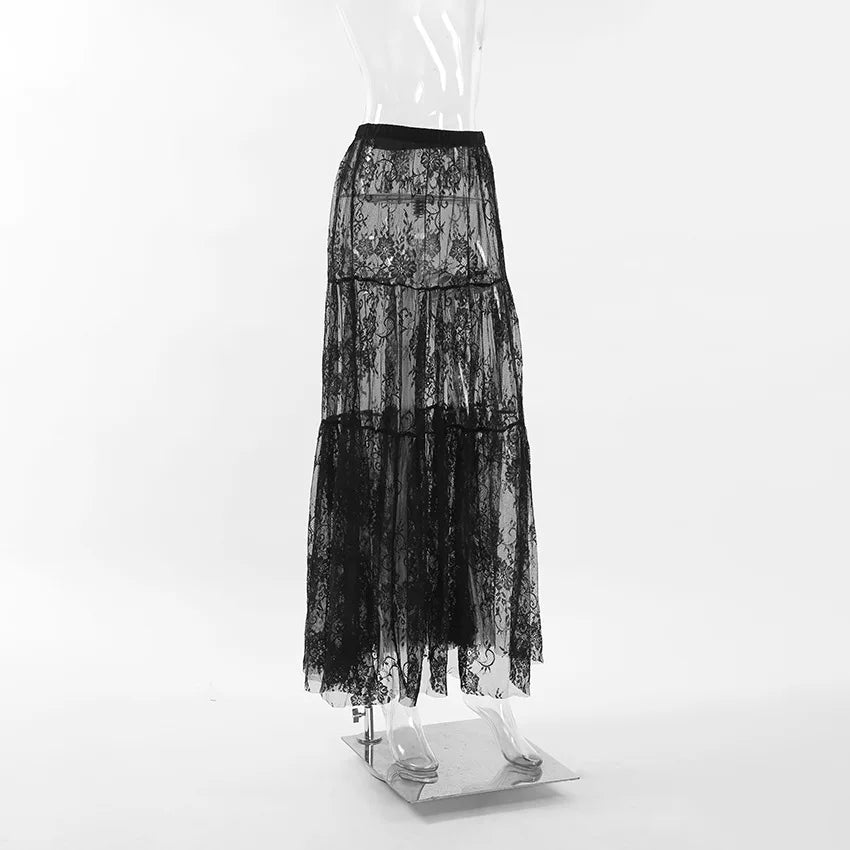 Sexy Lace Dark Perspective High Waist Skirt European Summer Fashion Mesh Long Skirt Fashion Streetwear Loose Oversize Skirt.