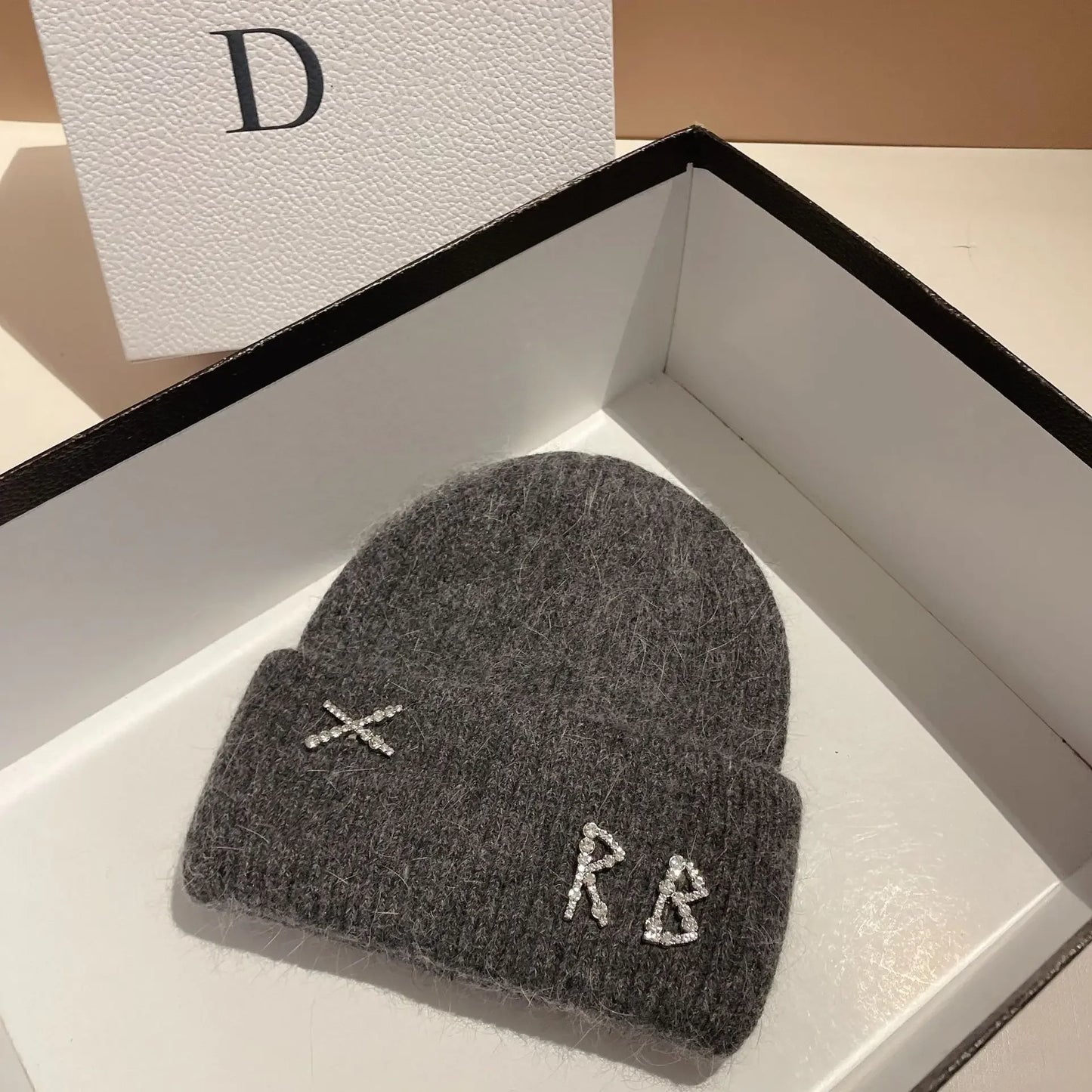 Luxury Rabbit Fur Beanie with Diamond Letters for Women - Cozy Winter Knitted Hat for Casual Outdoor Activities