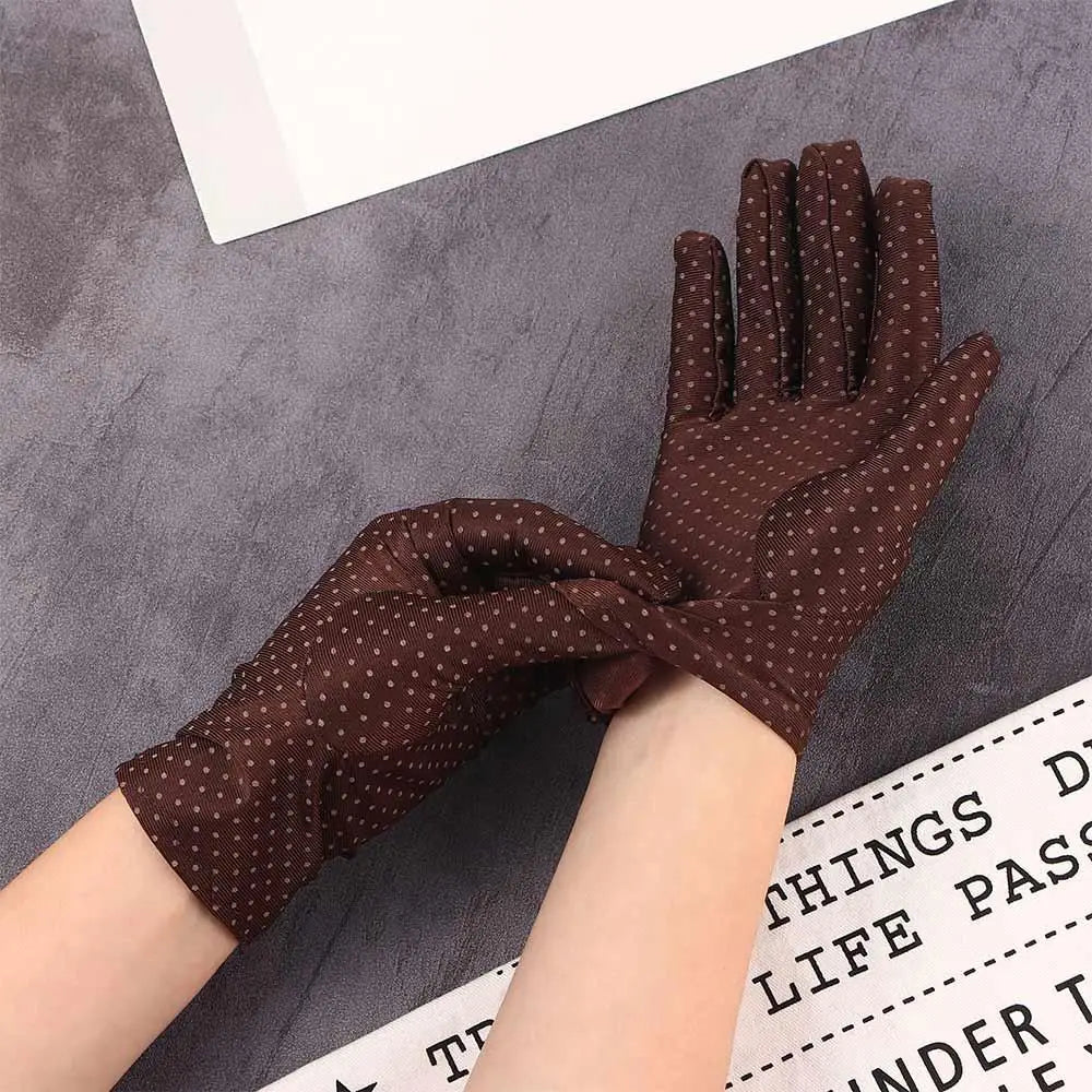 Fashionable Women's Spandex Driving Gloves for Summer Sunscreen Protection with Dots Design.