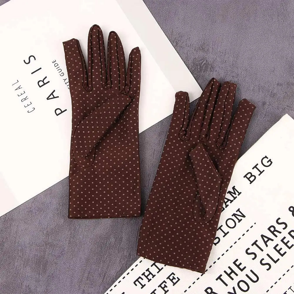 Fashionable Women's Spandex Driving Gloves for Summer Sunscreen Protection with Dots Design.