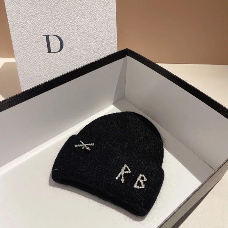 Luxury Rabbit Fur Beanie with Diamond Letters for Women - Cozy Winter Knitted Hat for Casual Outdoor Activities.