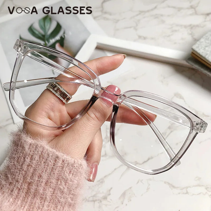 Stylish Oversized Transparent Square Myopia Glasses for Men and Women with Anti-Blue Light Lenses (-600 to 0)