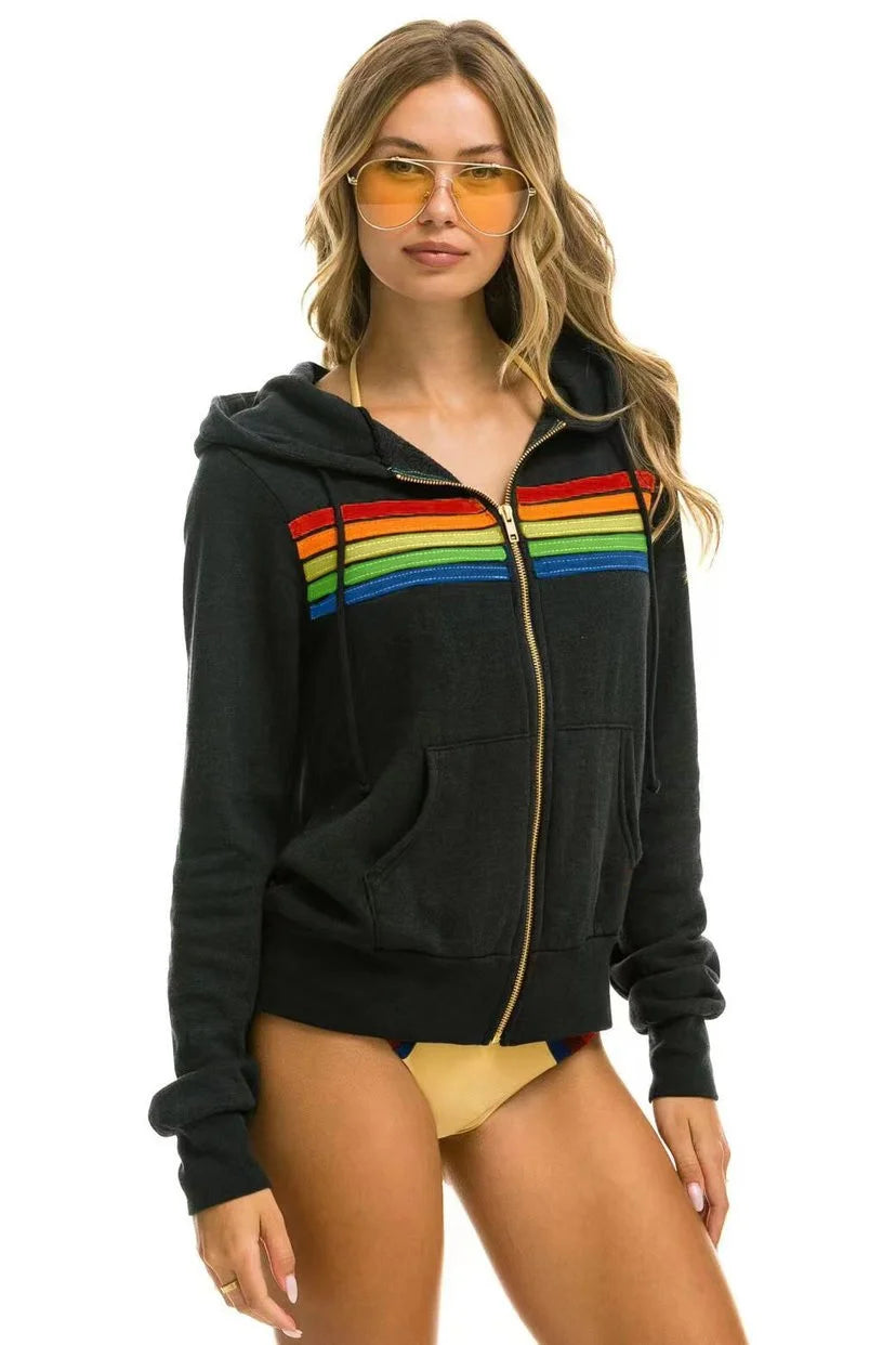 2025 Women Men Zipper Rainbow Long Sleeve Hooded Sweatershirt Harajuku Elastic Hip Hop 5 Stripe Hoodies Jacket - Elevate Your Body