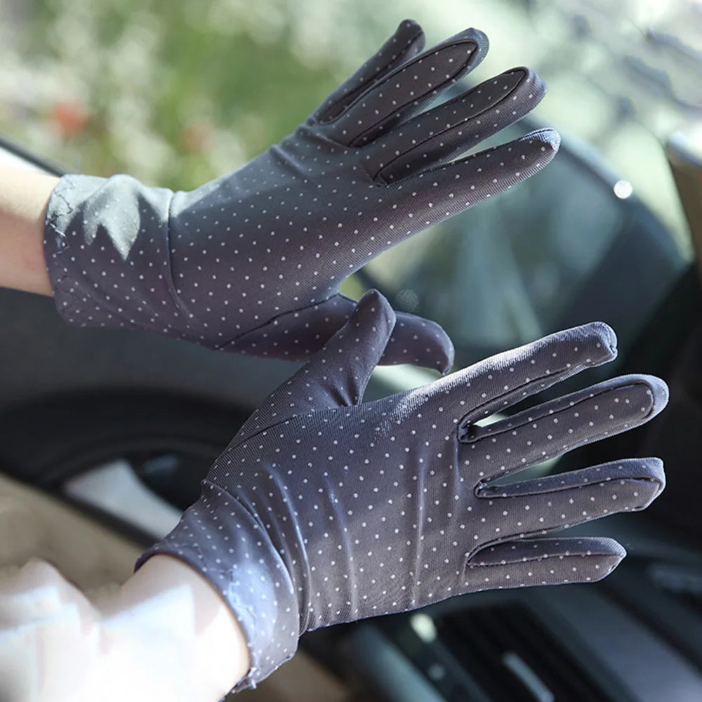 Fashionable Women's Spandex Driving Gloves for Summer Sunscreen Protection with Dots Design.