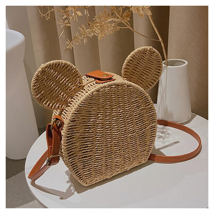 Disney 2023New Ladies Designer Straw Fancy Bag Cute Handbag Rattan Travel Leisure Vacation Small Round Beach Mickey Shoulder Bag - Elevate Your Body