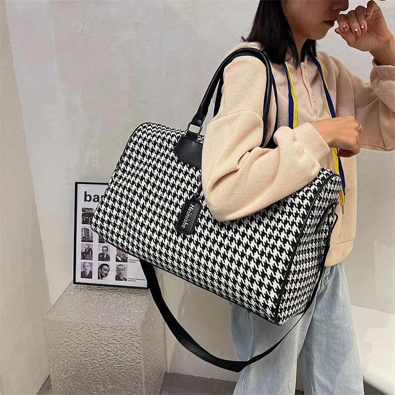 Large Houndstooth Women's Travel Bag Organizer Sports Gym Bag Weekend Duffle Handbag Shoulder Crossbody Bags Packing Cubes Totes.