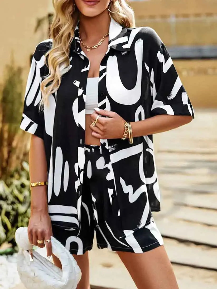 Casual Beach Holiday Loose Shirt Short Sets Bohemian Geometric Print Two Piece Set For Women Summer Outfits For Women 2023.