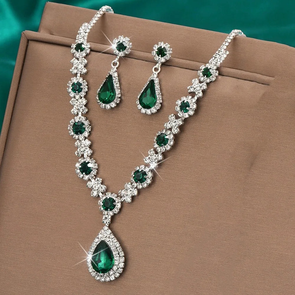 3 pieces of women's crystal droplet necklace with earrings set for wedding evening dress Elegant accessories.