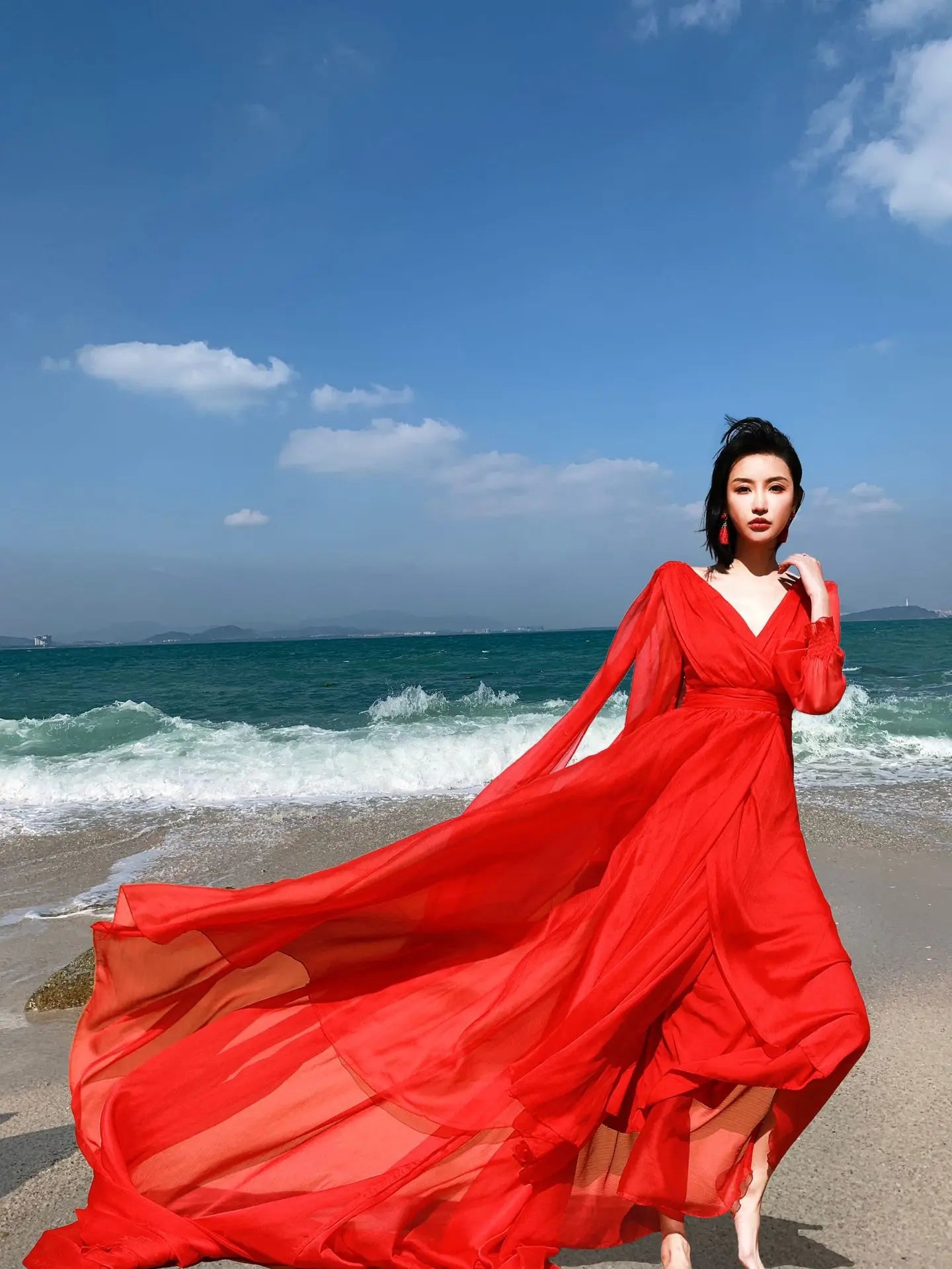 Khalee Yose Vintage Chic Boho Red Maxi Dress V-neck Long Sleeve Women Sexy Ladies Ruffles Holiday Beach Dresses Vestidos 23XXXL.