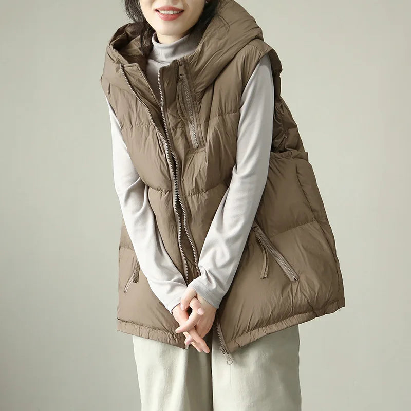 Schinteon Women White Duck Down Vest with Hood Autumn Winter Warm Over Size Casual Sleeveless Jacket Top Fashionable Gilet 2024.