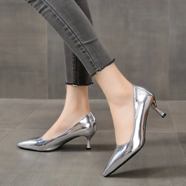 2024 Fashion Women Patent Leather High Heels Lady Pointe Toe Gold Silver Heels Pumps Female Wedding Bridal Shoes Plus Size 35-45.