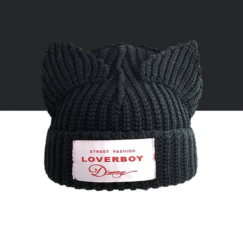 Adorable Cat Ear Knit Beanie for Women - Winter Warm Pig Ear Wool Cap - Kpop Style Hooded Hat.