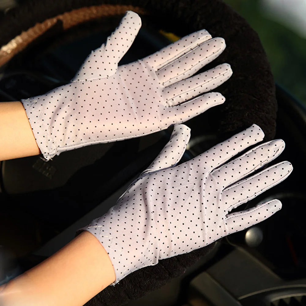 Fashionable Women's Spandex Driving Gloves for Summer Sunscreen Protection with Dots Design.