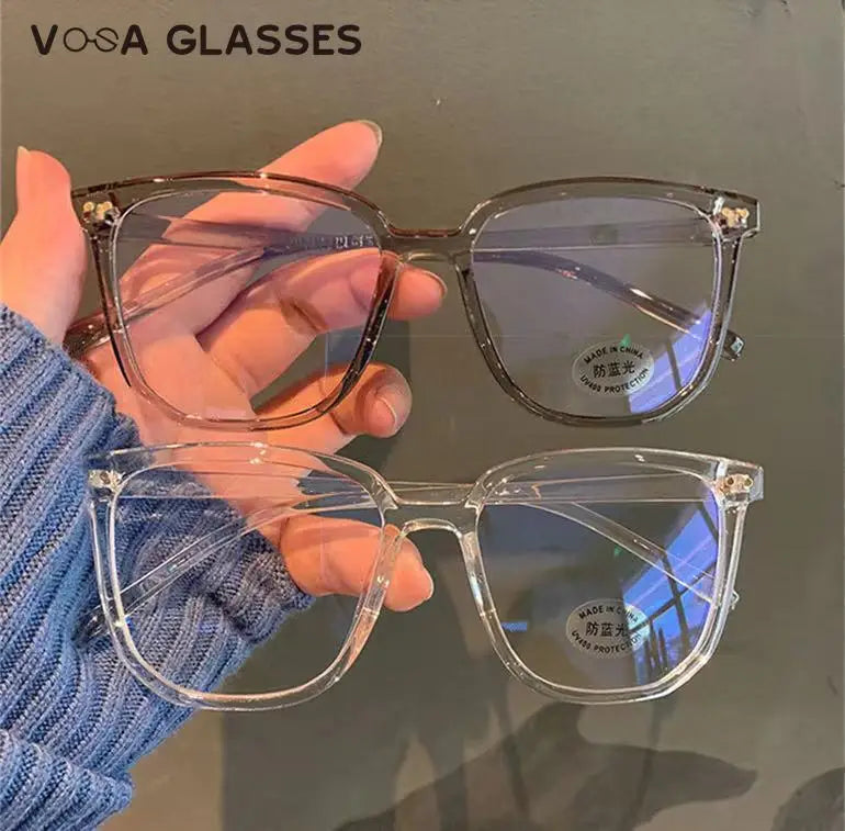 Stylish Oversized Transparent Square Myopia Glasses for Men and Women with Anti-Blue Light Lenses (-600 to 0).