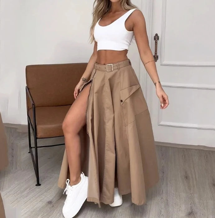 Two Piece Set Women Outfit Summer Fashion U-Neck Sleeveless Solid Color Crop Vest & Casual High Waist Zipper Slit Skirt Set.