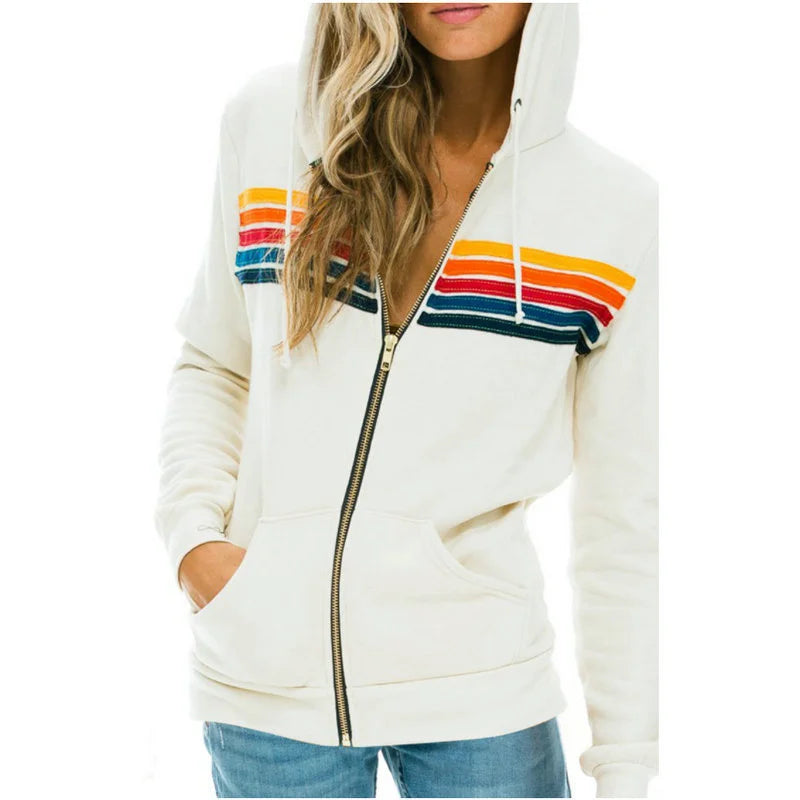 2025 Women Men Zipper Rainbow Long Sleeve Hooded Sweatershirt Harajuku Elastic Hip Hop 5 Stripe Hoodies Jacket.