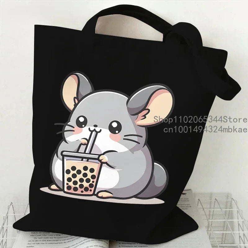 Cute Mouse Bobo Tea Pattern Canvas Shoulder Bag Women Animal Milk Tea Graphic Tote Bags Panda Frog Cartoon Women Shopping Purse.