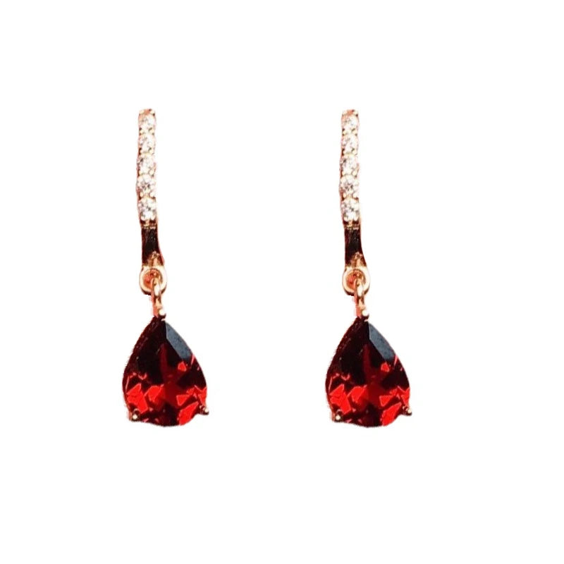 Silver Inlaid Wine Red Ruby earrings for women Exquisite and Simple Water Drop Eardrops earings Fashion Party Jewelry.