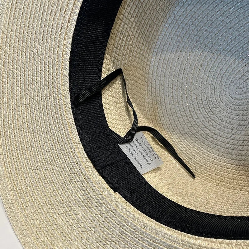 2024 Stylish Wide Brim Straw Sun Hat for Women with Pearl Chain - UV Protection Beach Cap.