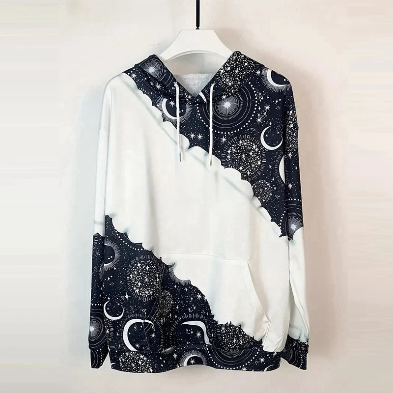 Moon Print Drawstring Hoodie Casual Long Sleeve Hooded Sweatshirt Women's Clothing.