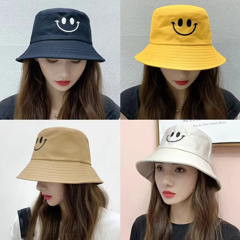 Unisex Smile Embroidered Bucket Hat - Double-Sided Cotton Corduroy Bob Cap for Beach, Fishing, and Casual Outings