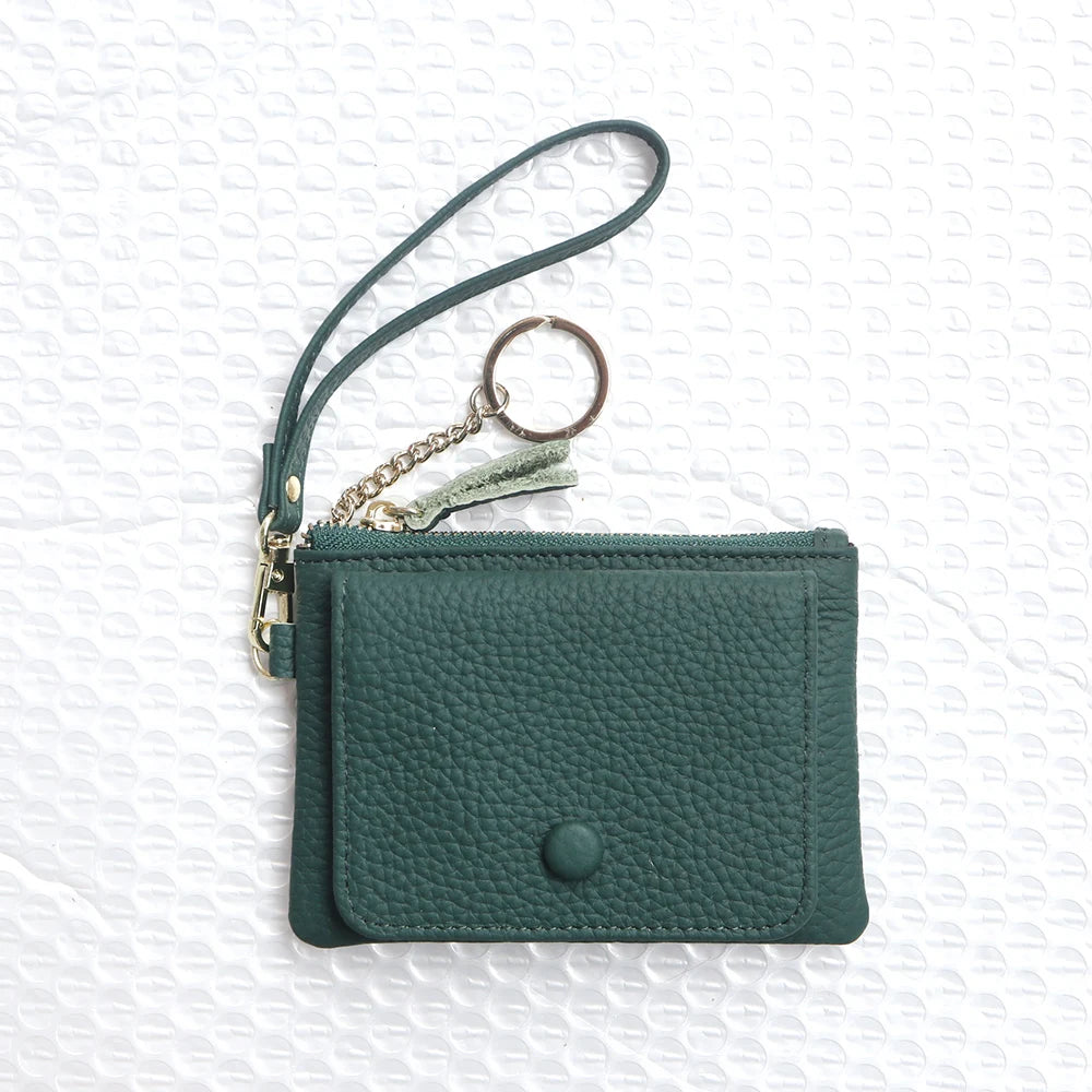 Custom Letters Women Coin Purse Genuine Leather Lady Keychain Card Holder Small Lanyard Wallet Personalize Name Zip Wristlet Bag.