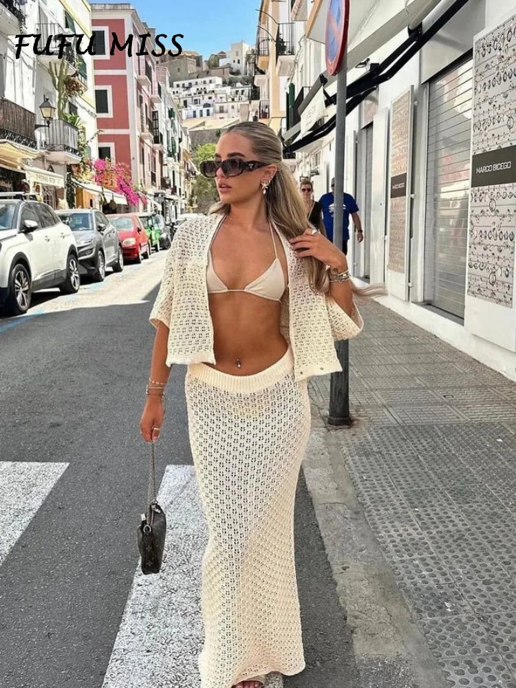 Elegant Knitted Long Skirt Women's Sets Hollow Out Lapel Short Sleeve Cropped Top  Maxi Skirts 2024 Summer Crochet Female Suit.