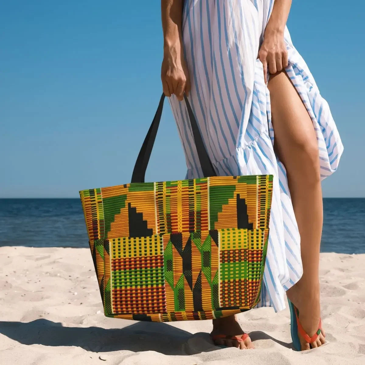 Custom African Kente Cloth Design Tote Bag for Women Large Capacity Traditional Africa Ethnic Ankara Beach Gym Travel Bags.