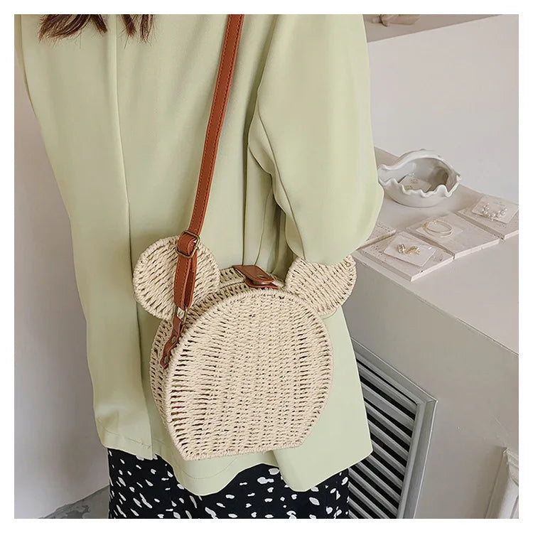 Disney 2023New Ladies Designer Straw Fancy Bag Cute Handbag Rattan Travel Leisure Vacation Small Round Beach Mickey Shoulder Bag - Elevate Your Body