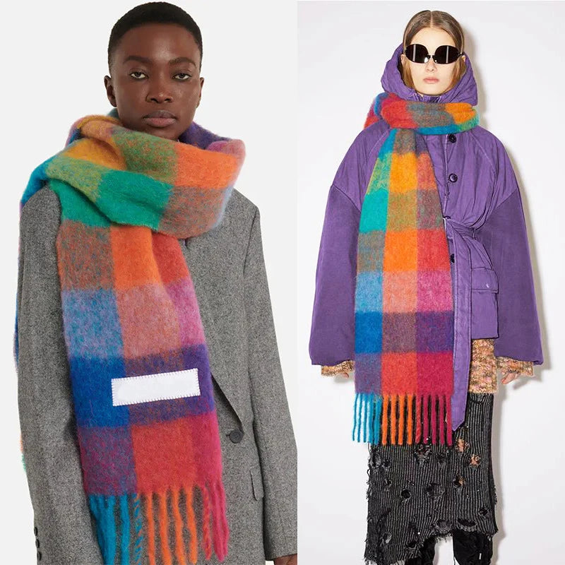 Elegant Women's Cashmere Plaid Scarf - Winter Warm Pashmina Shawl with Tassels, Thick Wrap for Outdoor Style.