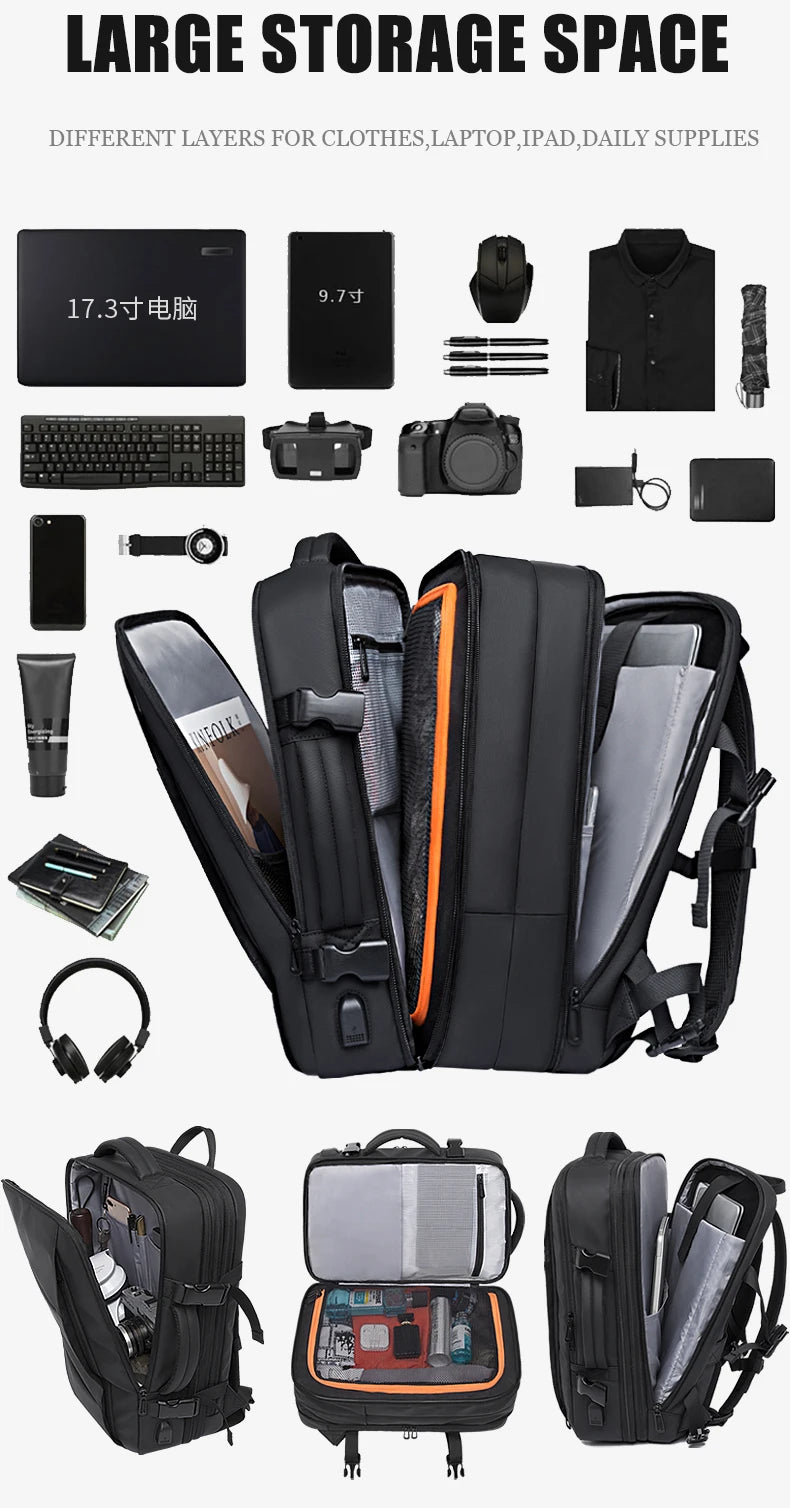 BANGE Travel Backpack Men Business Backpack School Expandable USB Bag Large Capacity 17.3 Laptop Waterproof Fashion Backpack.